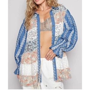 NEW - POL Floral Lace Patchwork Tiered Shirt/Shacket - Blue and White